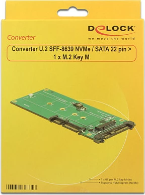 Konverter Delock U.2 SFF-8639/SATA 22-pin në M.2 Key M, 6 Gbit/s, i brendshëm, zi/gjelbër