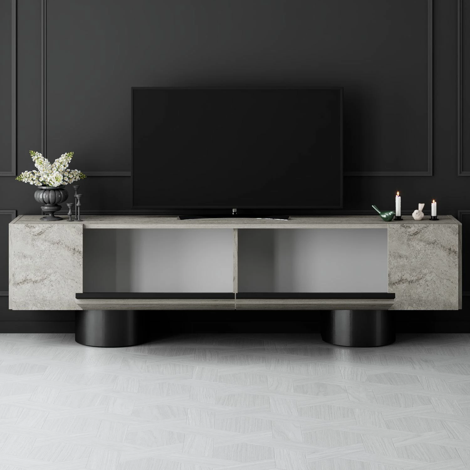 Komodë TV Hanah Home, bohem, travertin, e zezë