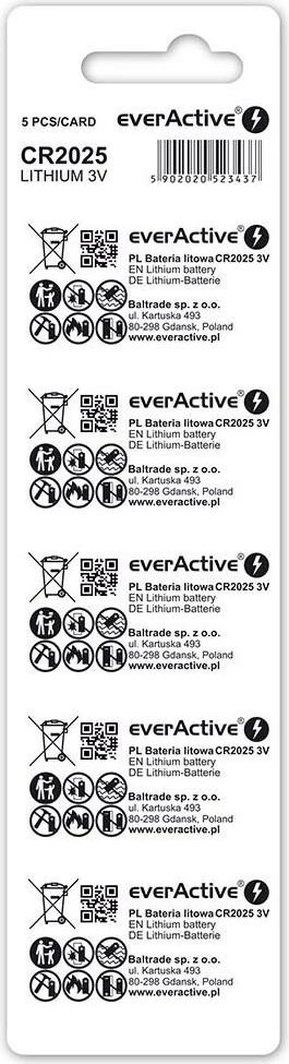 Bateri Lithium mini everActive CR2025, 5 copë