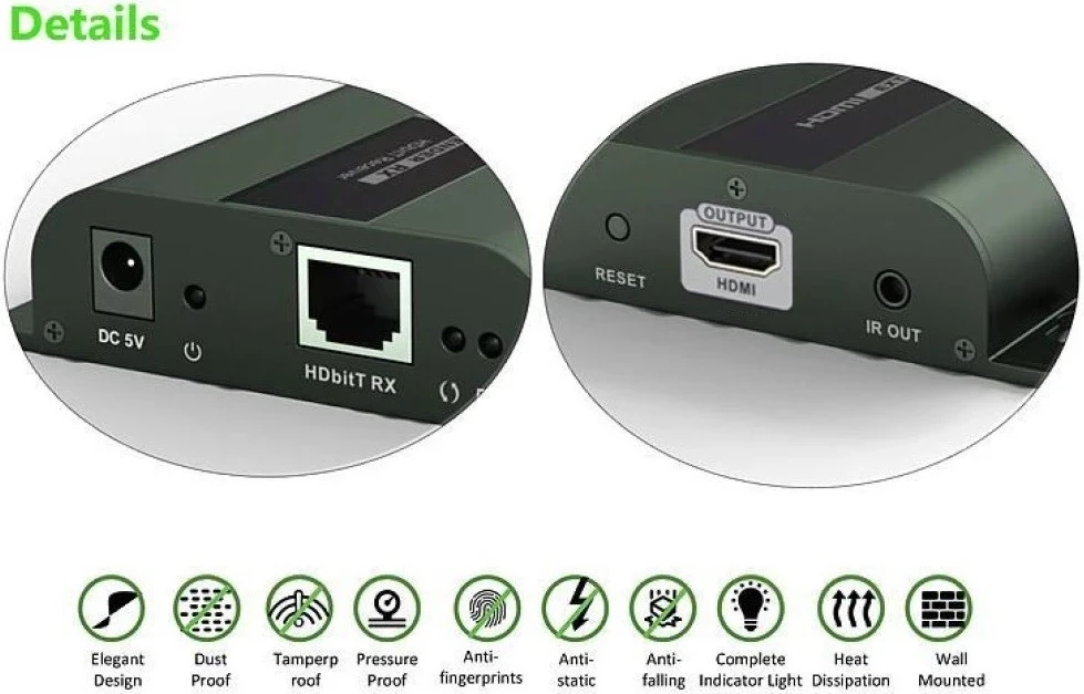 Odbiornik Techly 361865 për extender HDMI 1080p 60Hz HDBitT deri 120m me skrëtce Cat6, IR, i zi