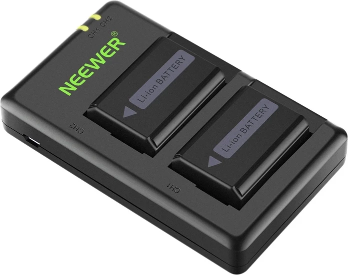 Set bateri zëvendësuese për kamerë Neewer NP-FW50 1100mAh + karikues dual USB, 2 bateri + kabllo Micro-USB, e zezë