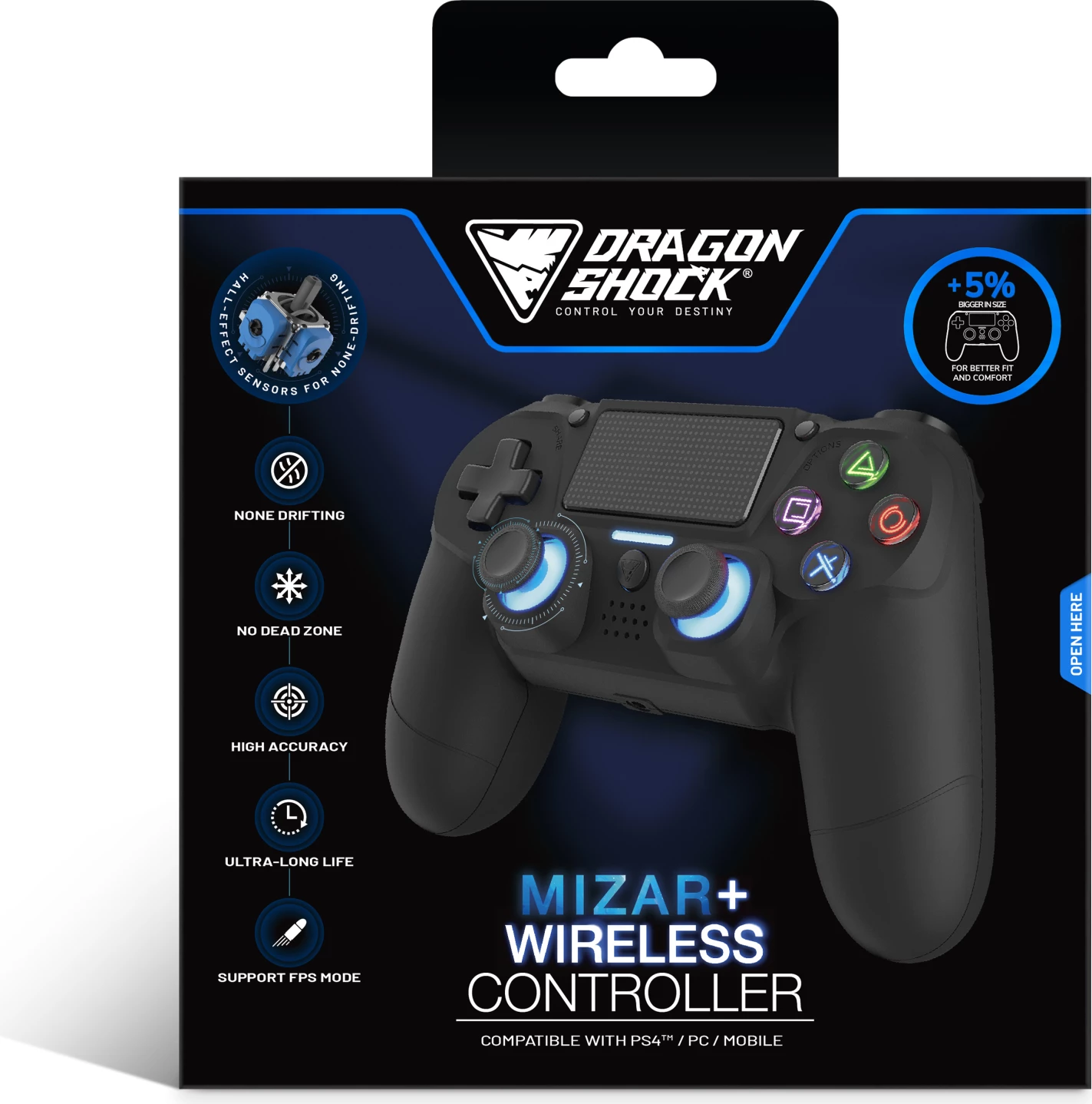 Kontroller wireless DRAGONSHOCK MIZAR+, Bluetooth 2.1 + EDR, Hall-Effect joysticks, për PS4/PC/Mobile, i zi