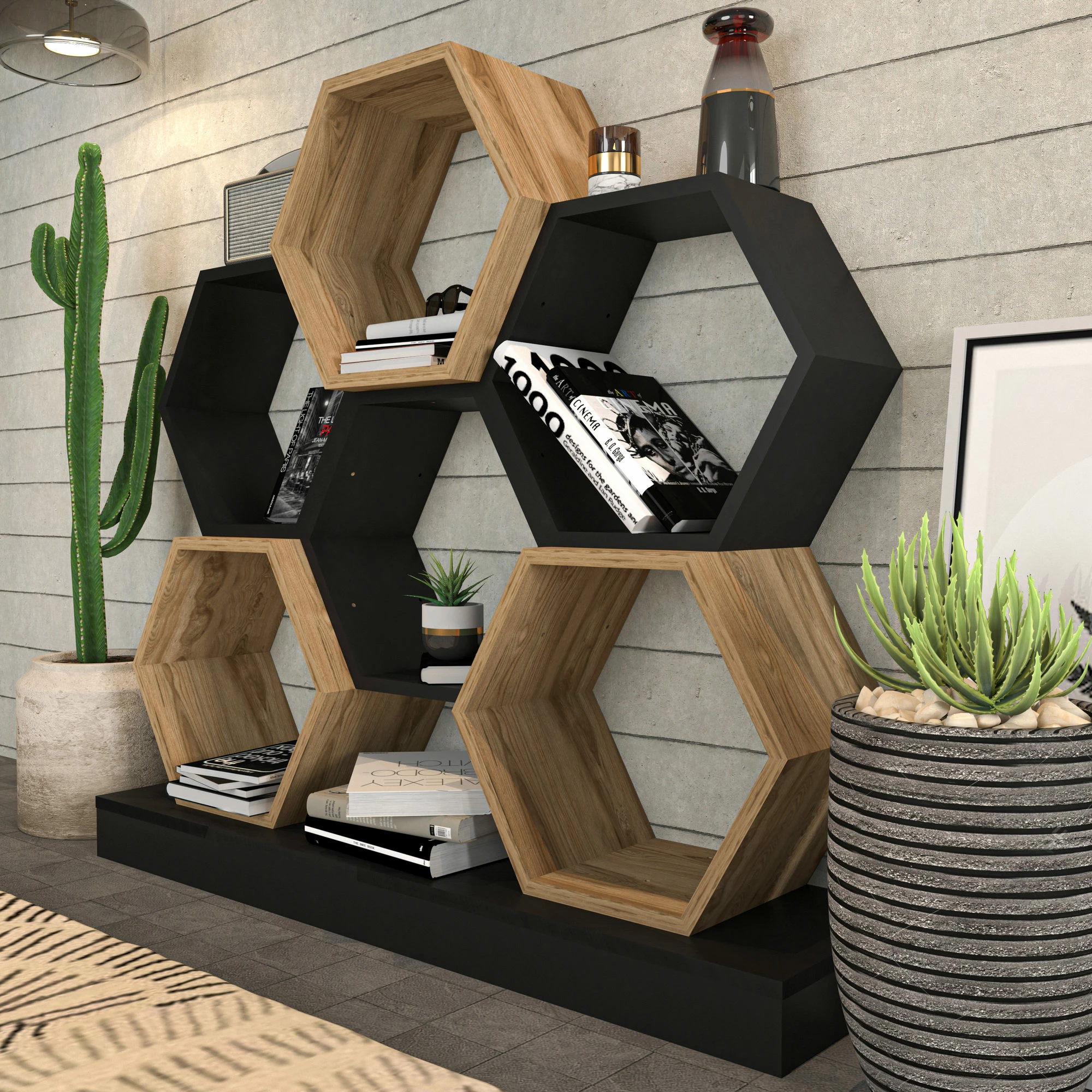 Raft librash Hanah Home, model Cicek, ngjyrë e zezë dhe lis