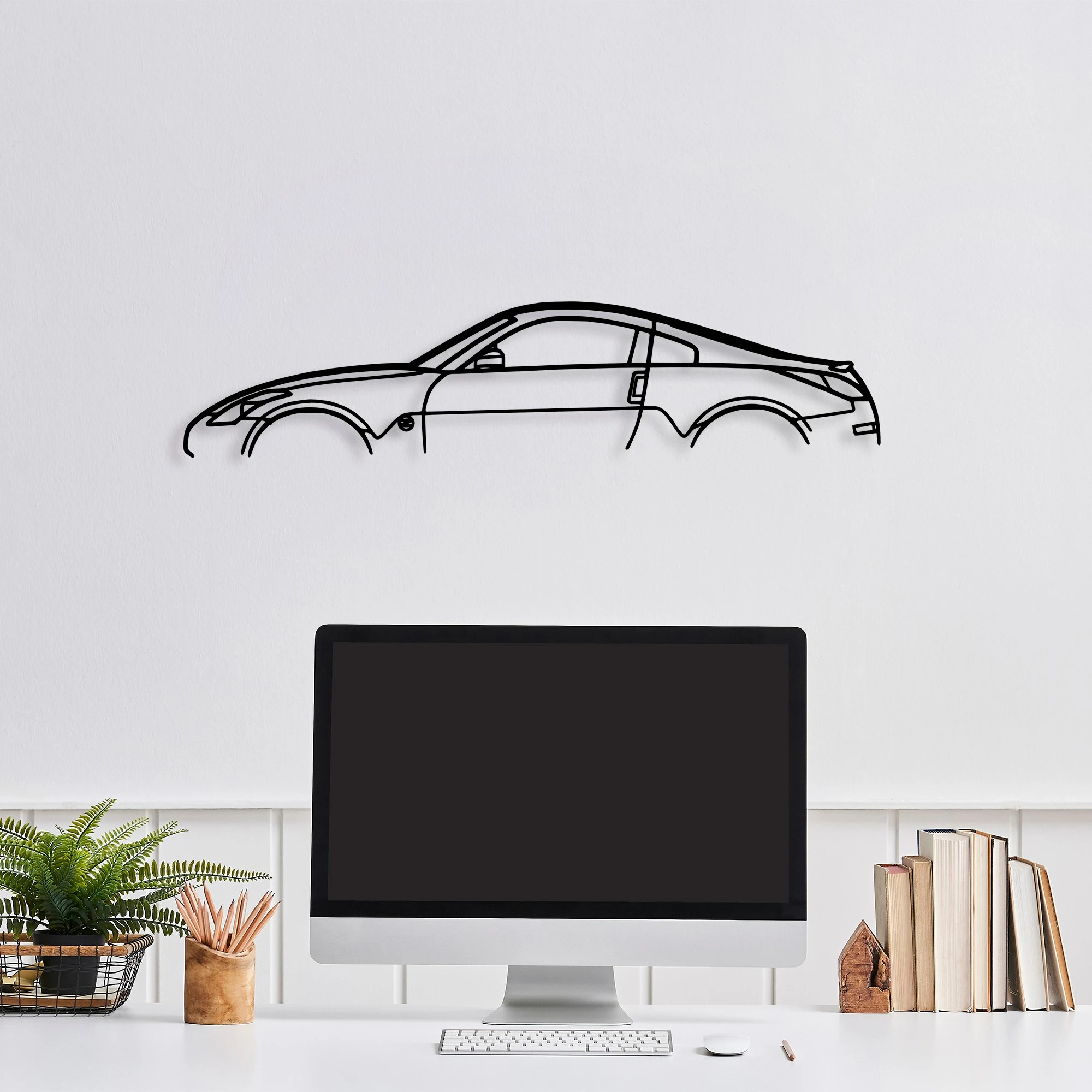 Aksesor dekorativ metalik për mur, silueta Nissan 350Z, ngjyrë e zezë, 70x15cm