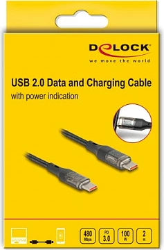Kabllo DeLOCK USB-C në USB-C, PD 3.0 100W, 2 m, me indikator fuqie, e zezë