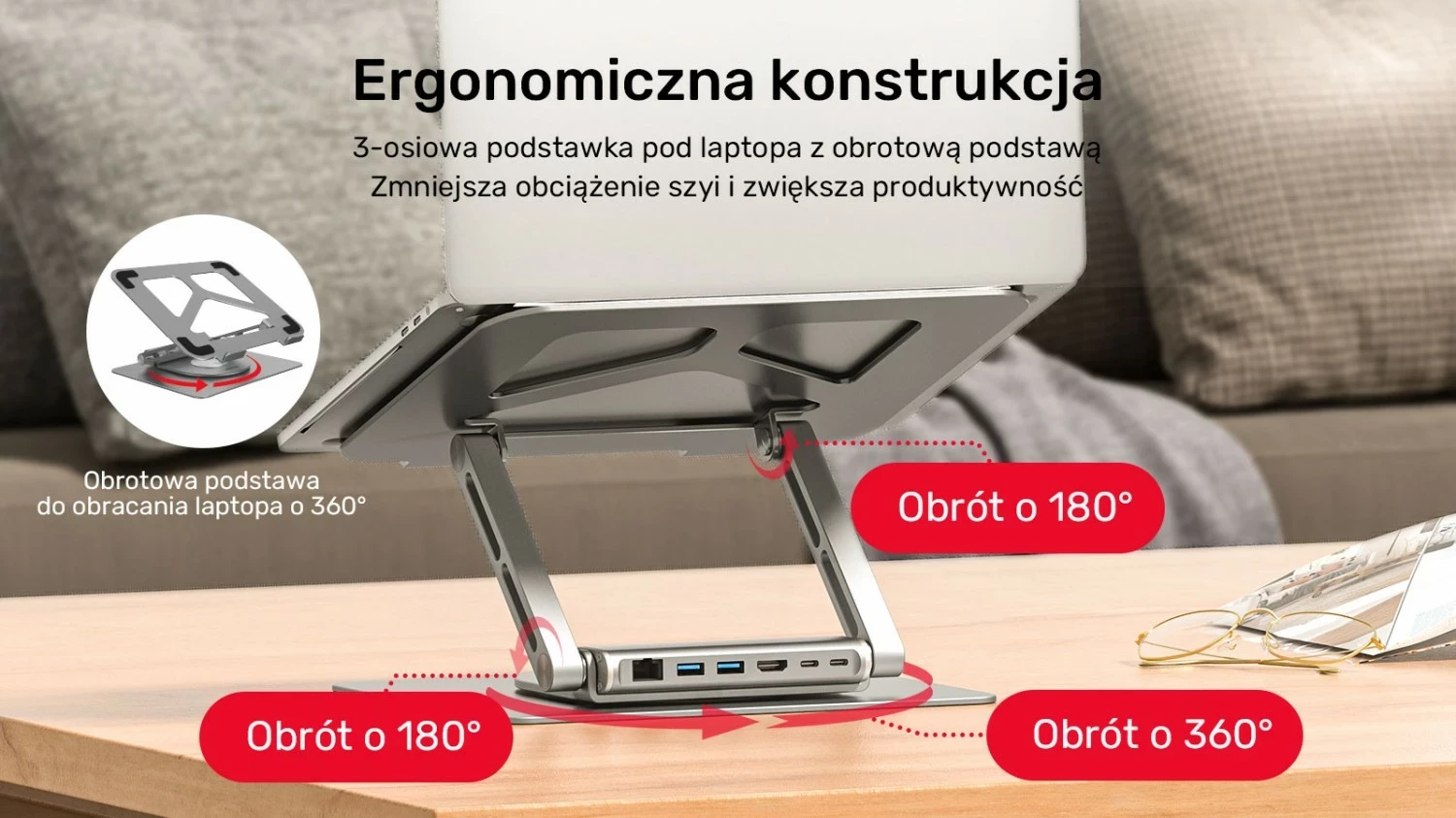 Podstavek për laptop Unitek USB-C HDMI 4K PD 100W, ngjyrë argjendi