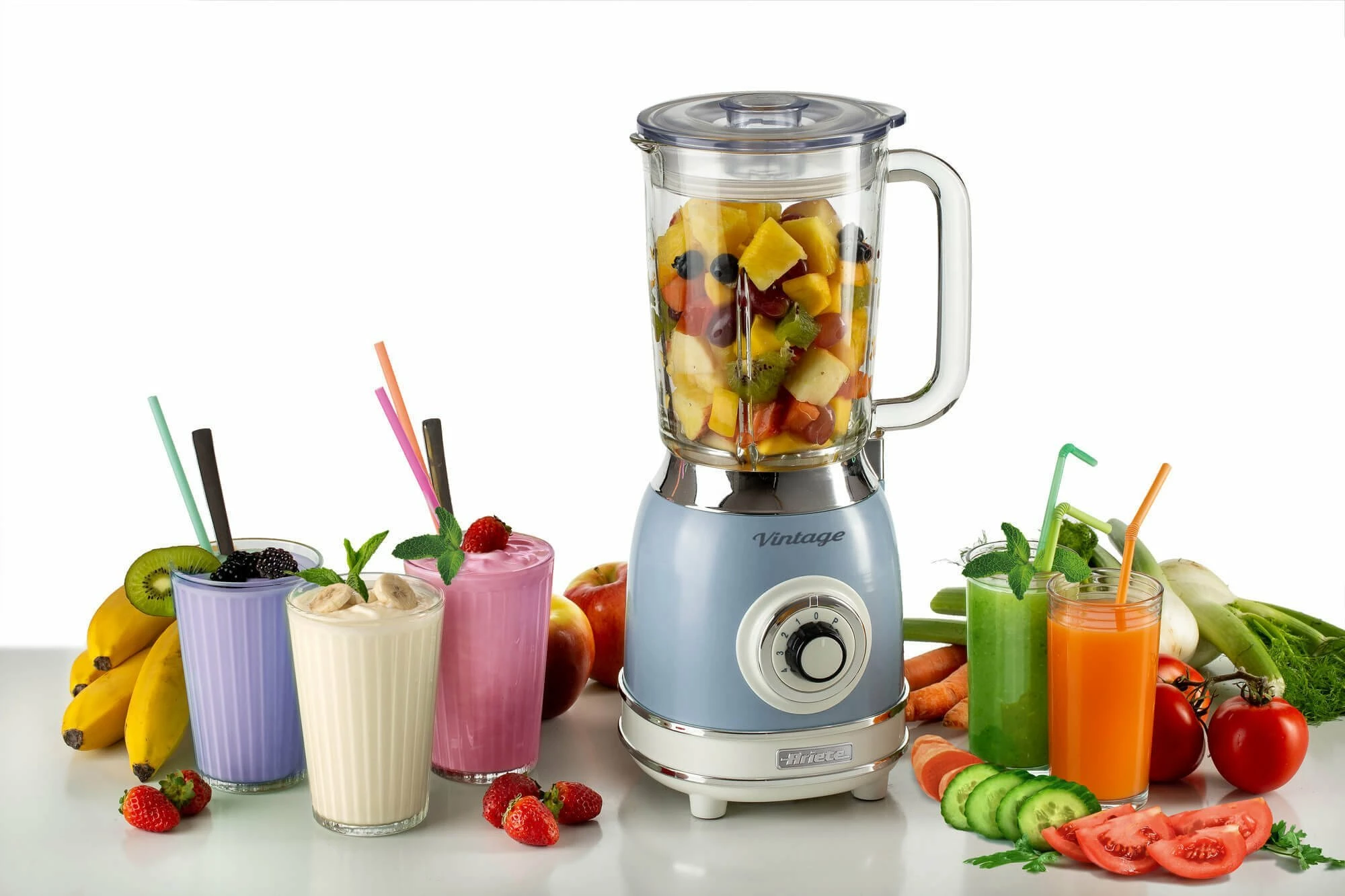 Blender stacionar Ariete Vintage 1.5 L 1000 W, gotë qelqi, kaltër e çelët