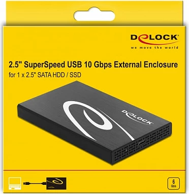 Kasë e jashtme DeLOCK për HDD/SSD 2.5" SATA, USB-C 10Gbps, alumini, e zezë/bardhë