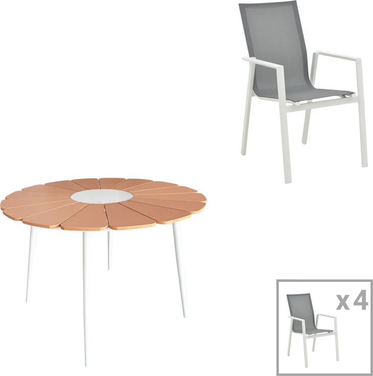 Set tavolinë me karrige Pinap-Dashiell, alumin i bardhë, kompensatë natyrale, 5 copë, Φ110x74cm