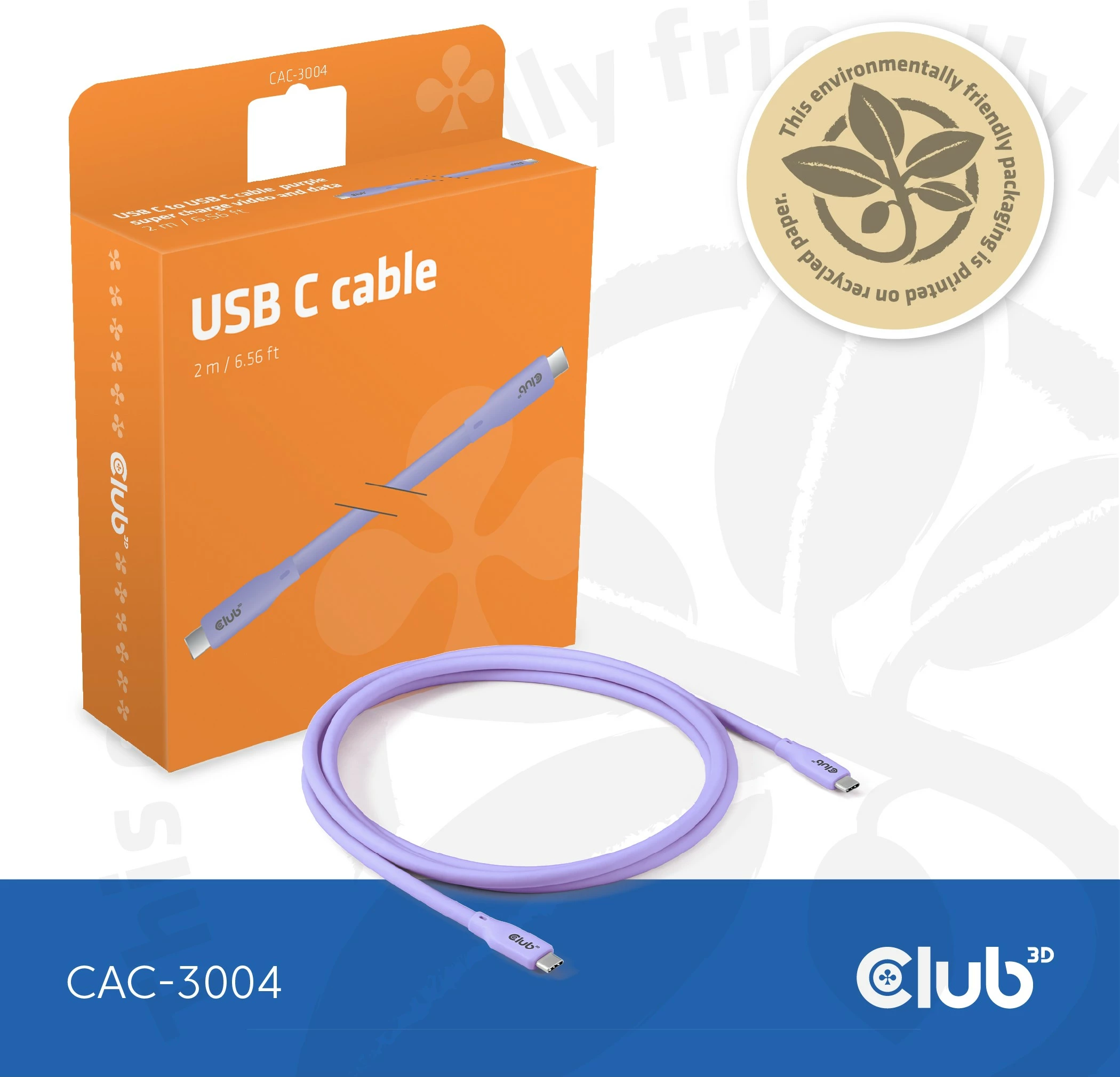 Kabllo USB-C Club3D Lifestyle CAC-3004, 2m, 240W, 20Gbps, lila