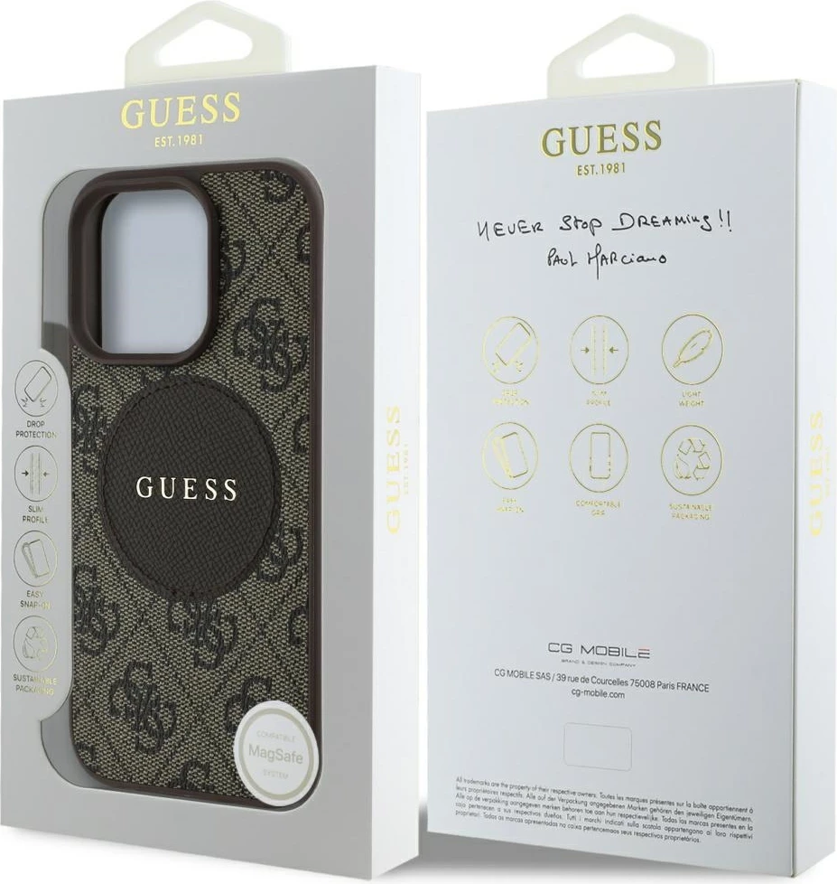 Mbështjellës Guess 4G Circle Classic Logo MagSafe për iPhone 16 Pro Max, Kafe