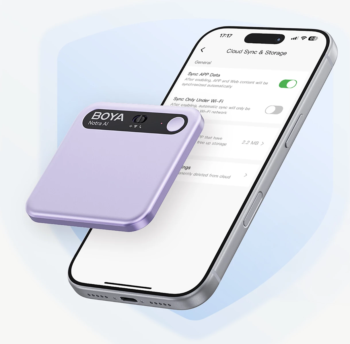 Regjistrues zëri BOYA Notra AI 64GB, transkriptim AI, Bluetooth/USB-C/Wi‑Fi, 24h, kompatibil me MagSafe, vjollcë, set me kabllo USB-C, adapter USB-A dhe unazë magnetike