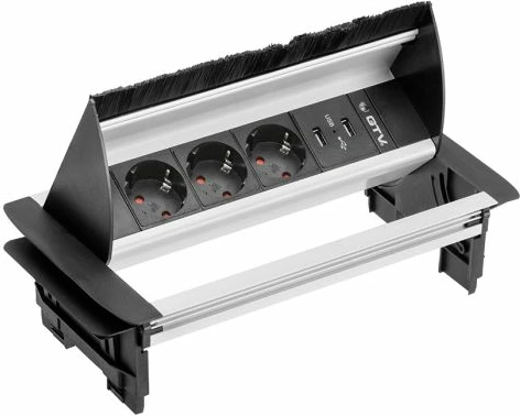Prizë e integrume për tavolinë GTV AE-PBC3GS2U-53BKS, 3x 230V + 2x USB, kabllo 1.5m, IP20, gri