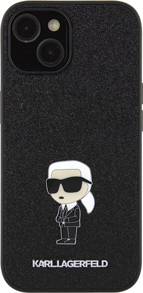 Mbështjellës Karl Lagerfeld Glitter Ikonik Logo Metal për iPhone 15, i zi