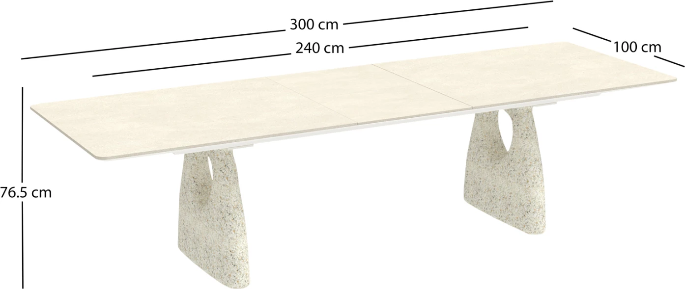 Tavolinë ngrënieje e zgjatshme GOFFEN, alumin ngjyrë fildishi, sipërfaqe prej guri të sinterizuar, 240-300x100x76.5cm