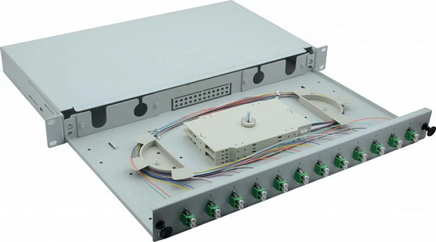 Spleissbox fibër optike Helos LWL 19", 1U, 12x LC/APC Duplex OS2, gri