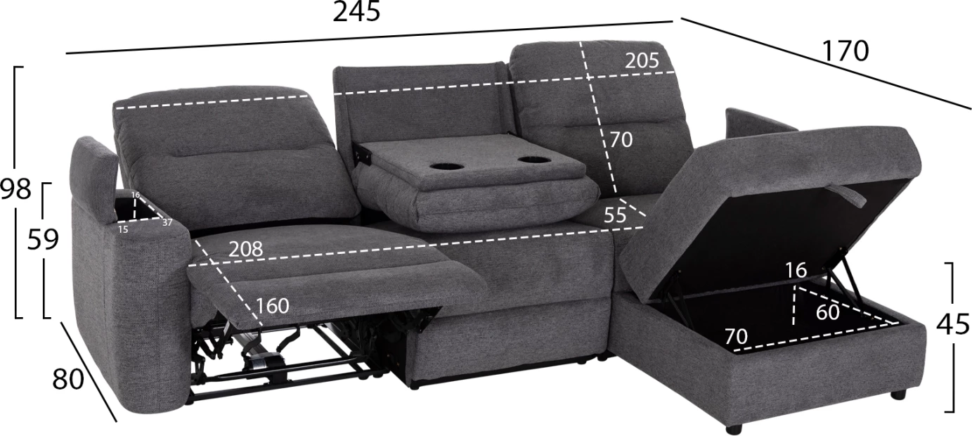 Këndare e djathtë SYNTHIA me recliner elektrik, hapësirë për depo dhe tavolinë, material gri, 246x159x97cm