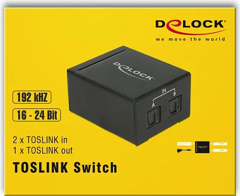 Switch audio optik TOSLINK DeLOCK 18767, 2x IN në 1x OUT, 5.1, metal, i zi