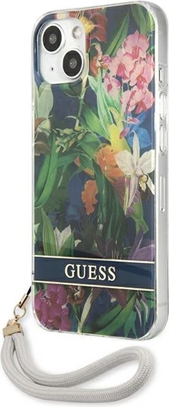 Mbështjellës Guess GUHCP13SHFLSB për iPhone 13 mini 5.4", Flower Strap, Blu