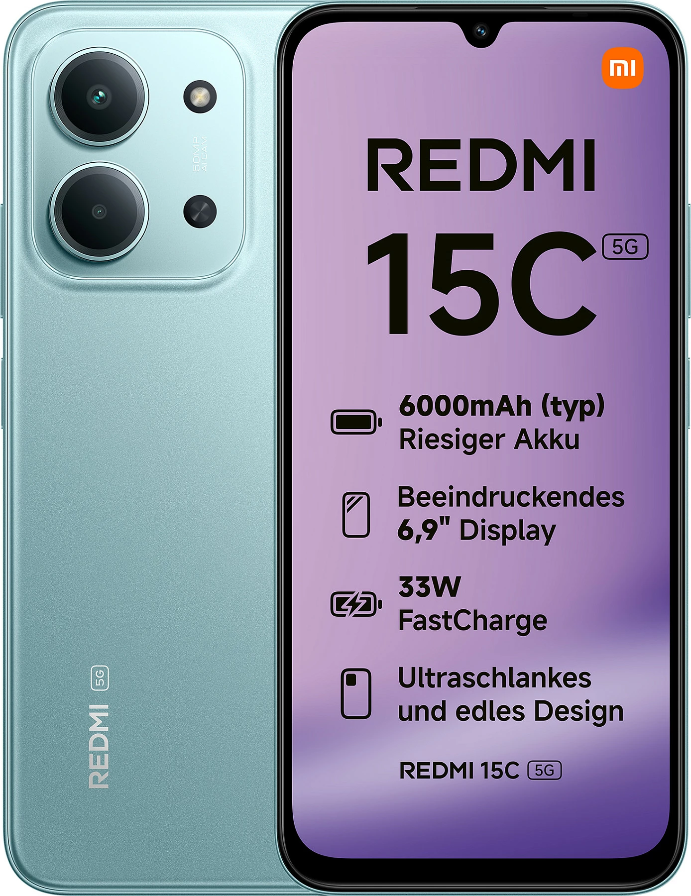 Celular Xiaomi Redmi 15C, 4GB RAM, 128GB, 6.9", 5G, 6000mAh, Mint Green