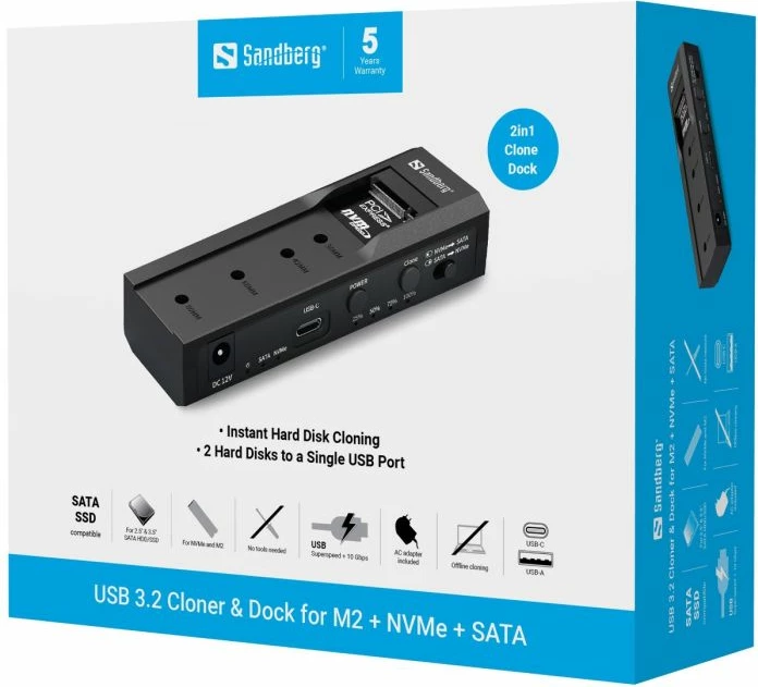 Stacion klonimi & dock SSD/HDD Sandberg 136-49 USB-C 3.2 Gen 1, M.2 NVMe + SATA, 2230-2280, i zi