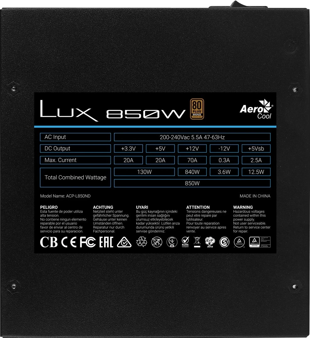 Furnizues i Energjisë për PC Aerocool LUX850, 850W, 80 Plus Bronze, i Zi