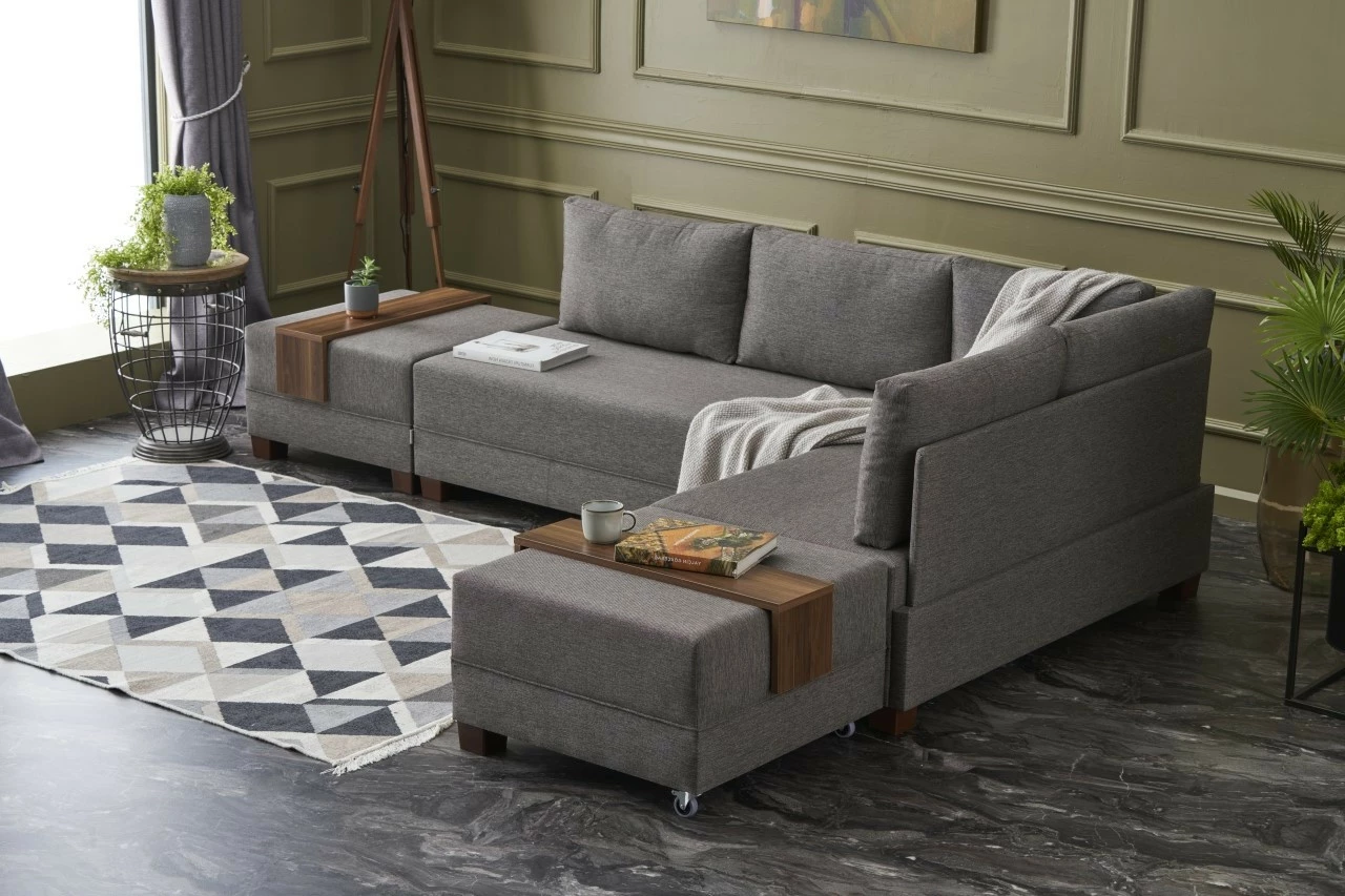 Kënd divan-krevat Fly, ngjyrë kafe, me tavolinë krahu, kënd i djathtë