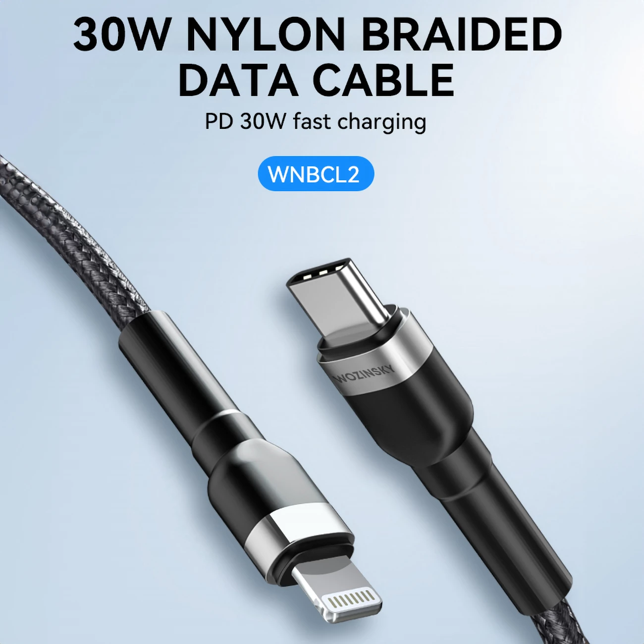 Kabllo karikimi dhe të dhënash Wozinsky WNBCL2, USB-C në Lightning, 2m, 30W, najlon, e zezë