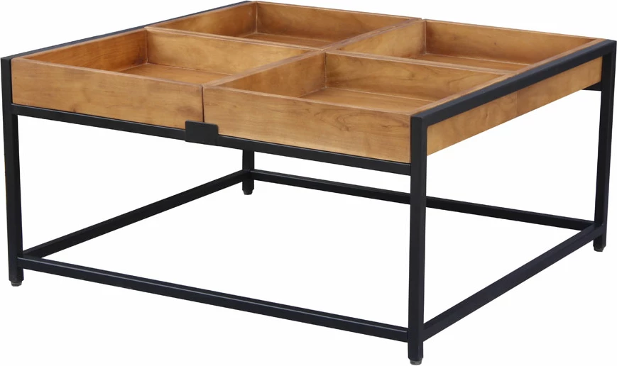 Tavolinë kafeje Combo, dru akacie ngjyrë arre, këmbë metalike të zeza, 84x80x42cm