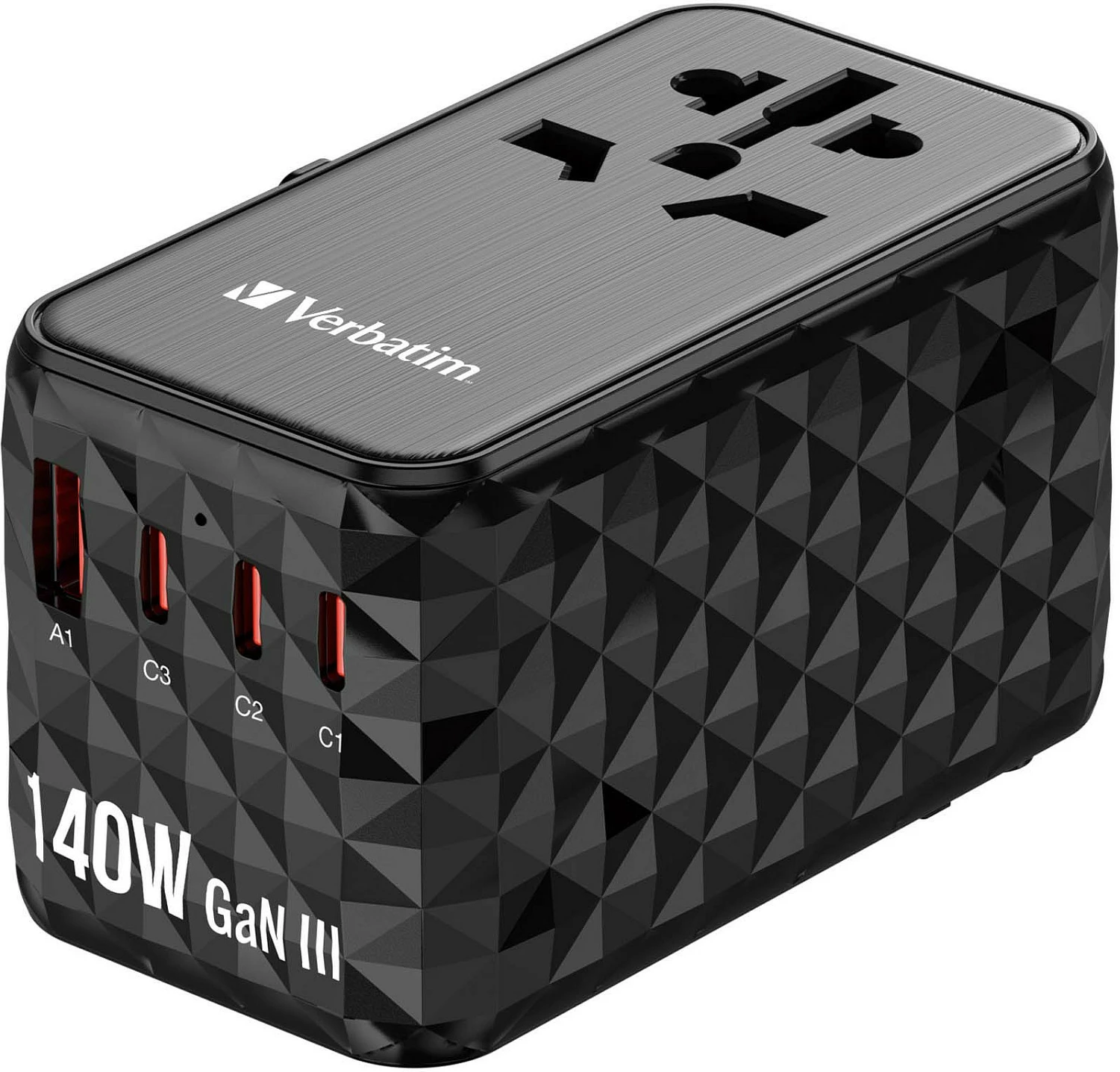 Adapter udhëtimi universal Verbatim UTA-10 GaN III, 140W, 3x USB-C PD, 1x USB-A, i zi