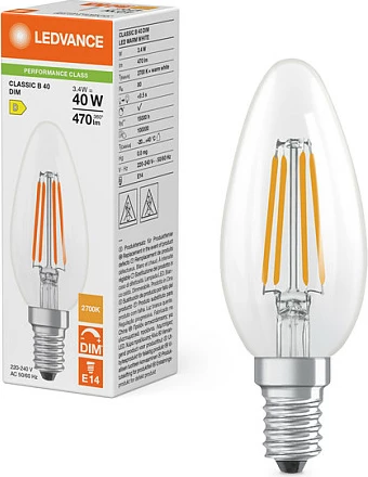 Poç LED OSRAM Classic B, E14, 3.4W (40W), 470 lm, 2700K, i zbehtshëm, transparent