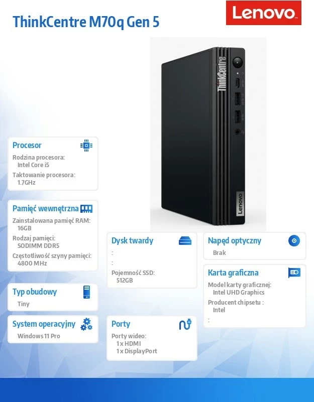 Kasë Lenovo ThinkCentre M70q Gen 5, Intel Core i5-14500T, 16 GB RAM, 512 GB SSD, Windows 11 Pro, e zezë