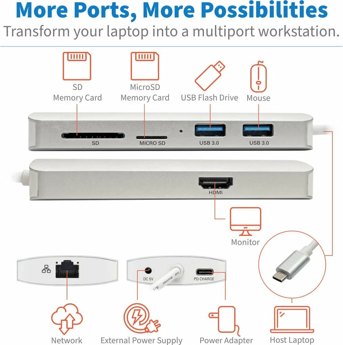 Stacion dokimi USB-C Eaton Tripp Lite Series, 4K HDMI, 2x USB 3.0, 1x USB-C, GbE, SD/microSD, PD 60 W, argjendtë
