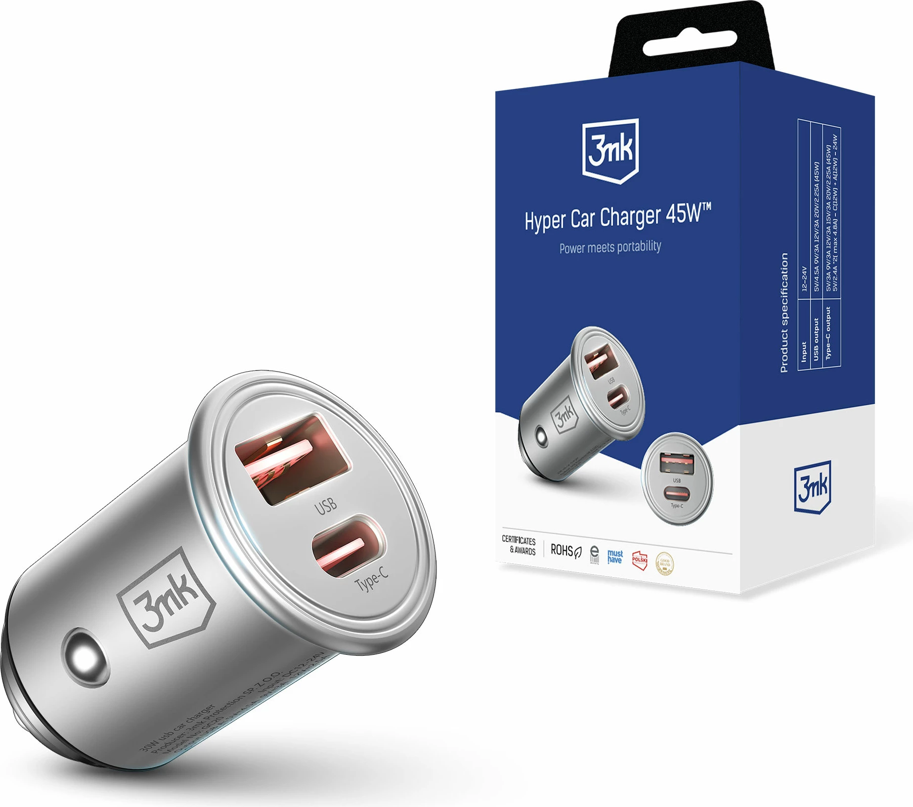 Karikues veture 3mk Hyper Car Charger 45W, 2 porta USB-A/USB-C, Gri