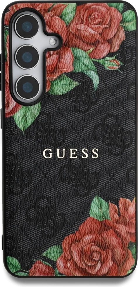 Mbështjellës Guess Leather 4G Flowers Print Metal Classic Logo MagSafe për Samsung Galaxy S25, Zi