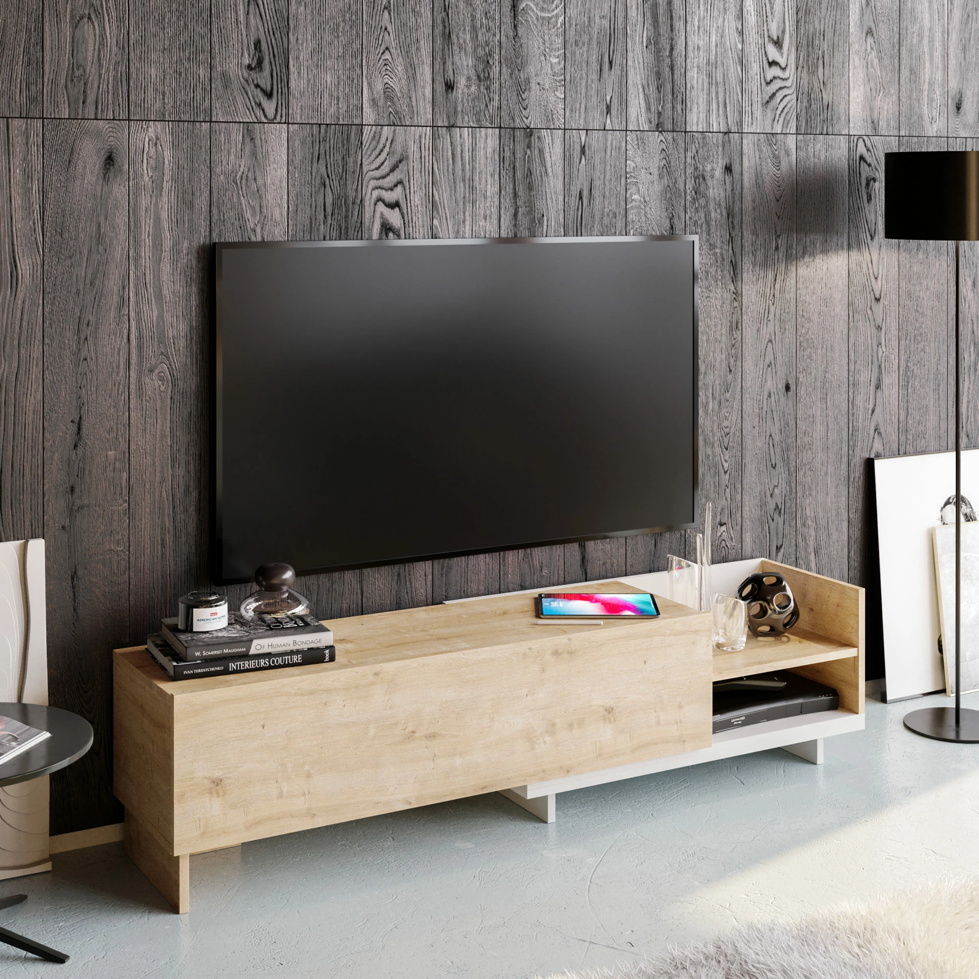 Komodë për TV Skye Decor, Parion, e bardhë dhe safir