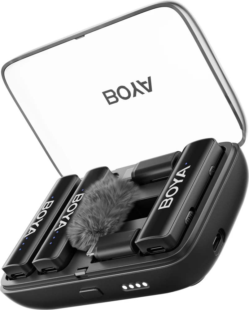 Mikrofon wireless BOYA BOYALINK V2.0 2.4GHz 48kHz/24-bit USB-C/Lightning/3.5mm set 2 transmiter + 1 receiver me kuti karikimi, i zi