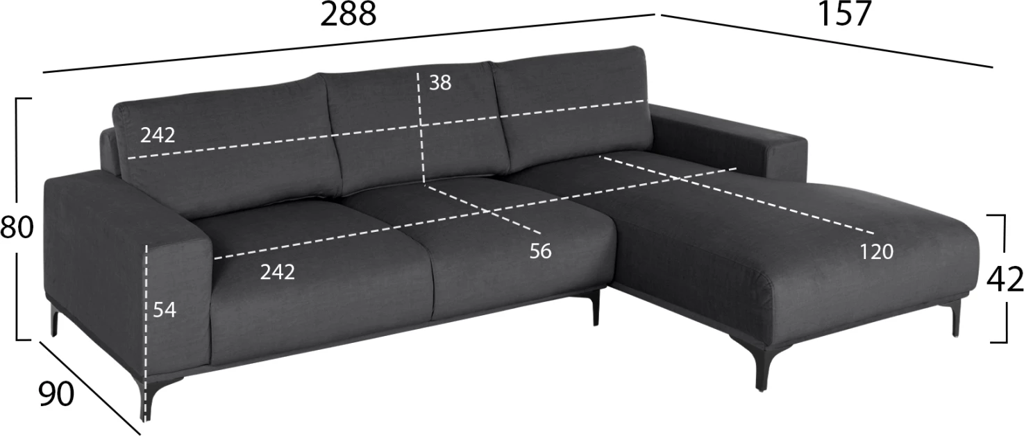 Kënd divani NOA FH3278.02R, pëlhurë antracit, 288x90-157x67-80H cm