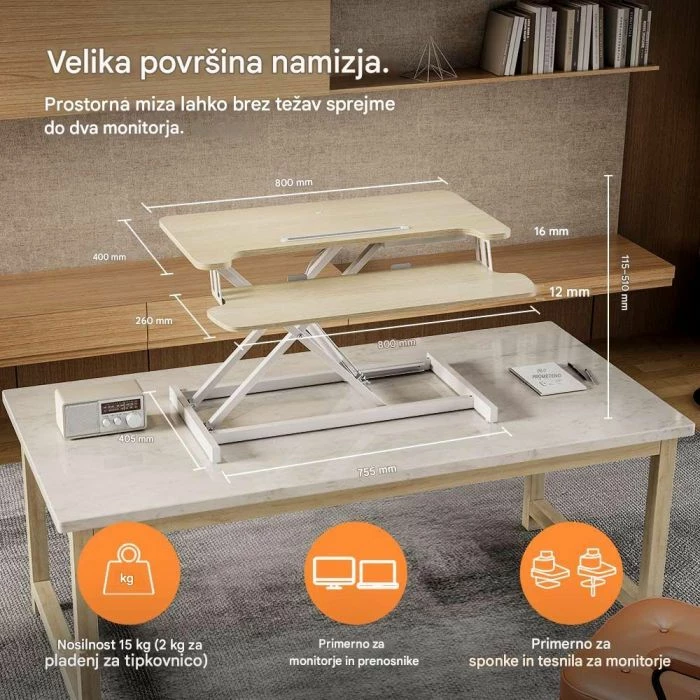 Konvertues tavoline sit-stand VONHAUS 3000538, sipërfaqe 80x40 cm, rregullim lartësie 11.5-51 cm, dru i çelët