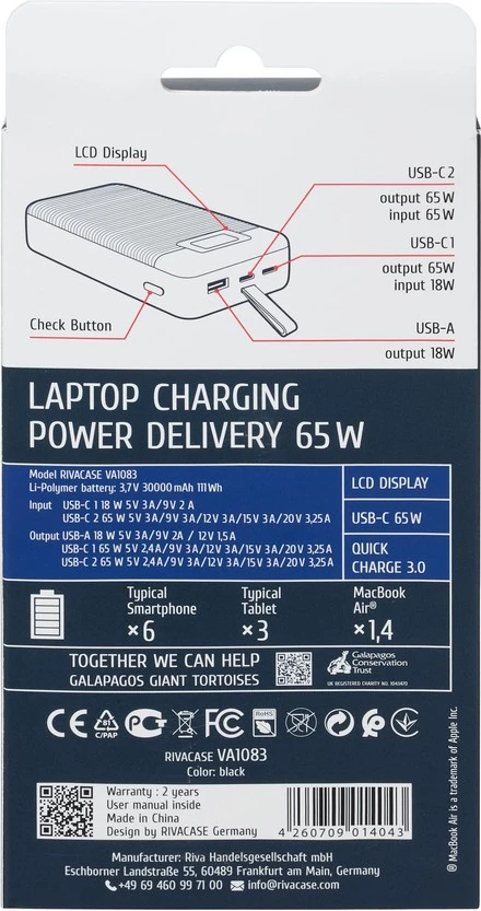 Power bank RIVACASE VA1083 Turbo QC/3.0 PD 30000mAh 65W, i zi