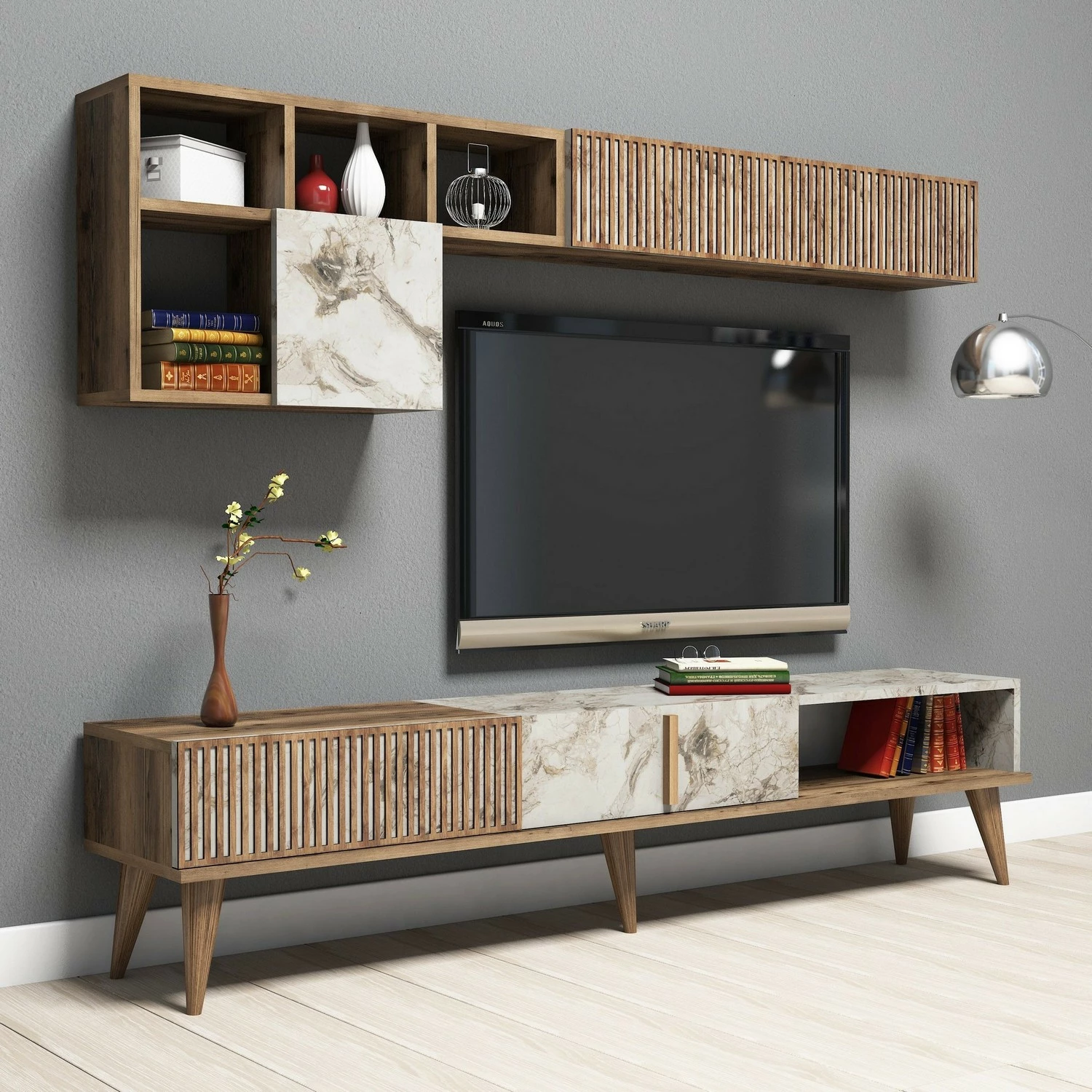 Komodë TV Skye Decor, Milan, ngjyrë arre, mermer i bardhë