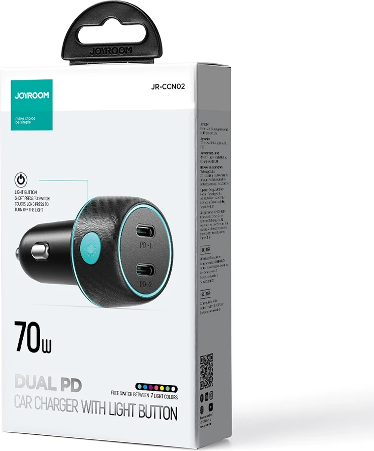 Karikues veture Joyroom JR-CCN02, 2x USB-C, 70W, me ndriçim LED, i zi