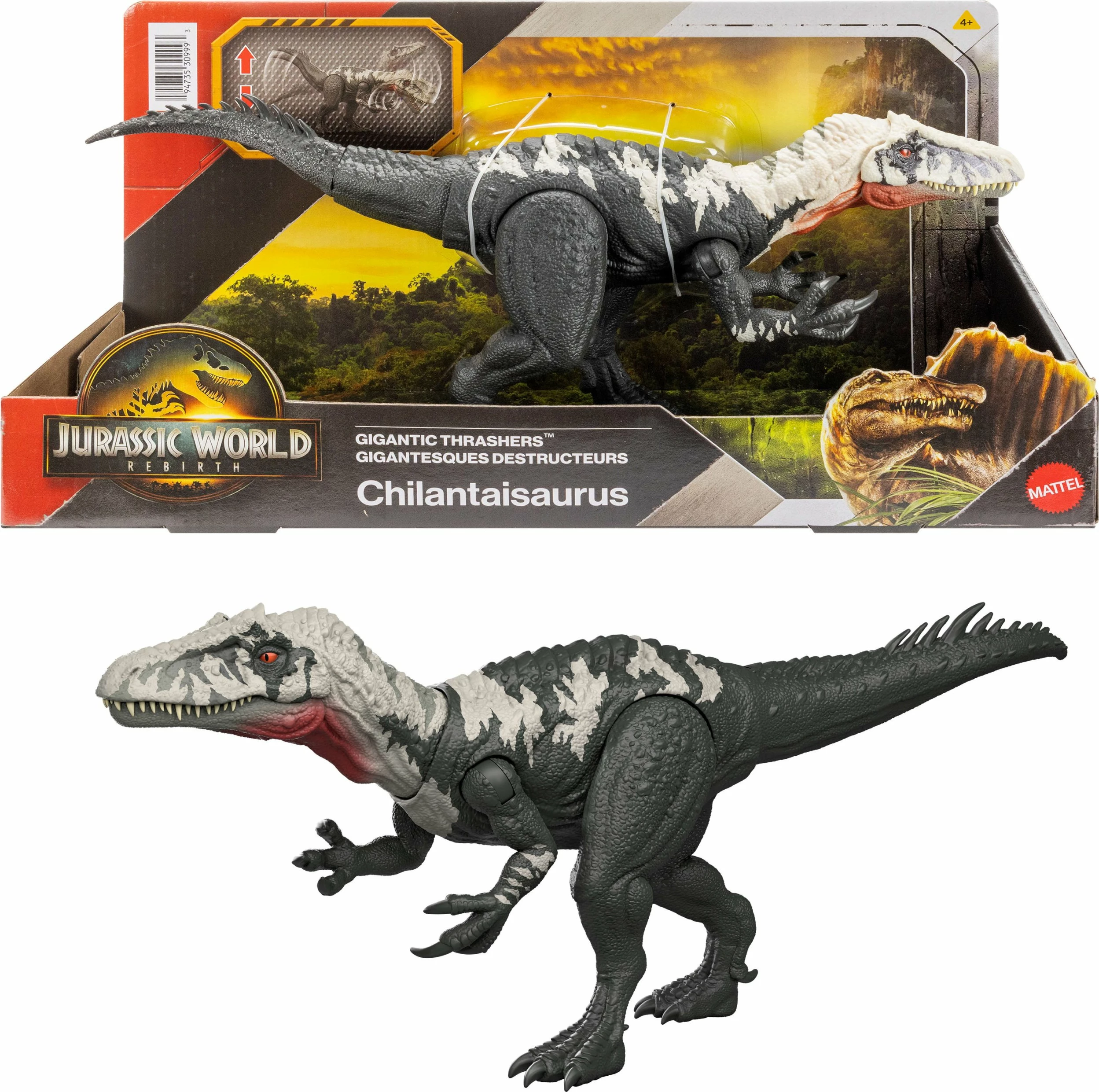 Figurinë dinosauri, Mattel Jurassic World Rebirth Chilantaysaurus JGB95, 35.5 cm, me Total Attack, gri/zezë