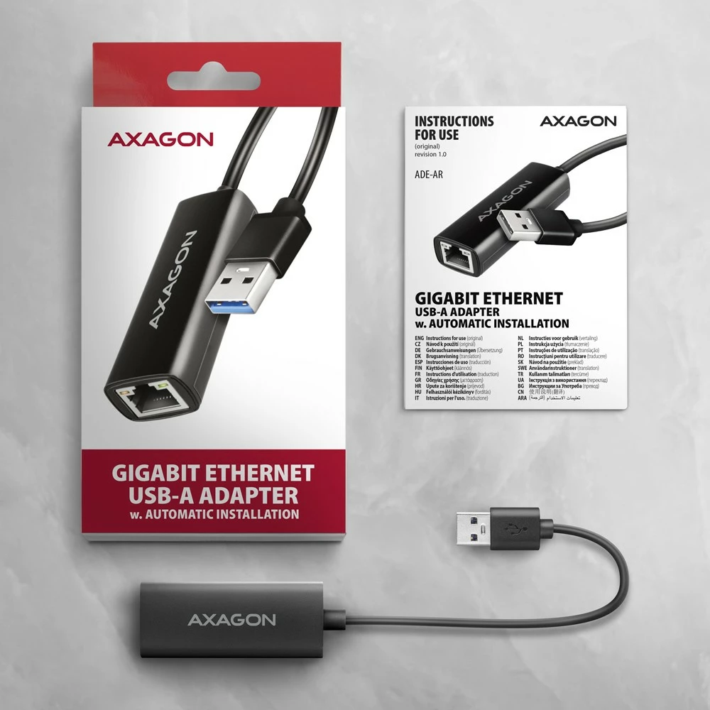 Kartë rrjeti AXAGON ADE-AR, USB-A 3.2 Gen 1, Gigabit Ethernet, e zezë