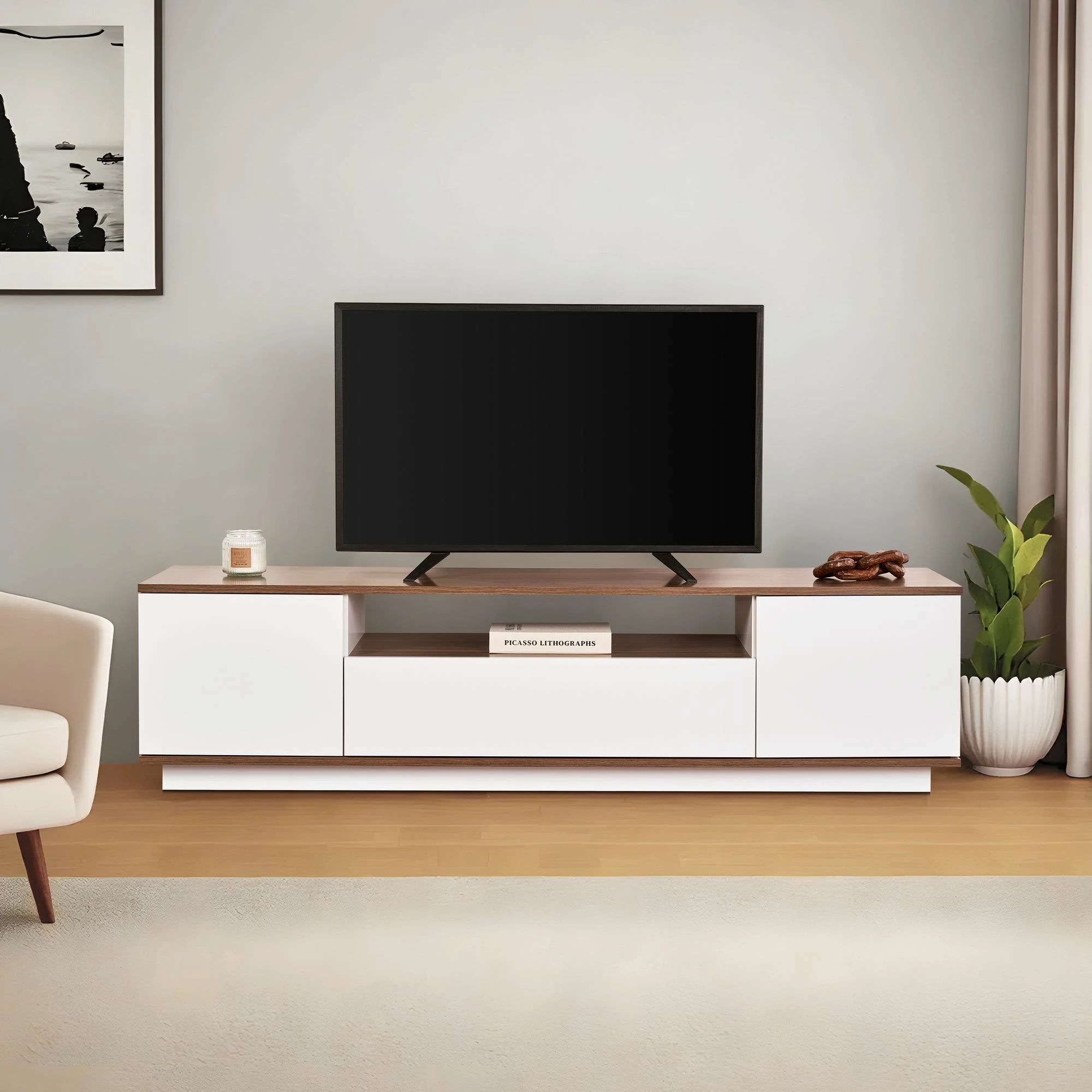 Komodë TV Skye Decor, Veramont, e bardhë dhe arre