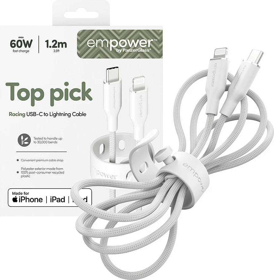 Kabllo PanzerGlass empower Racing USB-C në Lightning, 1.2 m, 60W Fast Charge, e bardhë