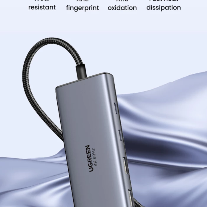 Hub USB-C UGREEN 75902 7-në-1, HDMI + DisplayPort, 2x USB-A 3.0, 2x USB-C 3.0, PD 100W, 4K@60Hz, gri