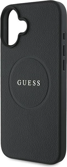 Mbështjellës Guess Grained Gold Ring MagSafe për iPhone 16 Plus, i zi
