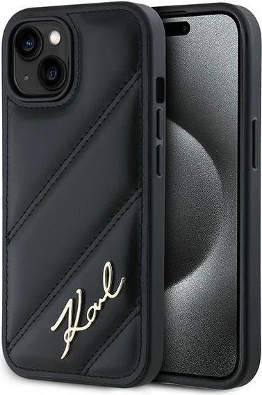 Mbështjellës Karl Lagerfeld Diagonal Quilted Script për iPhone 13, i zi