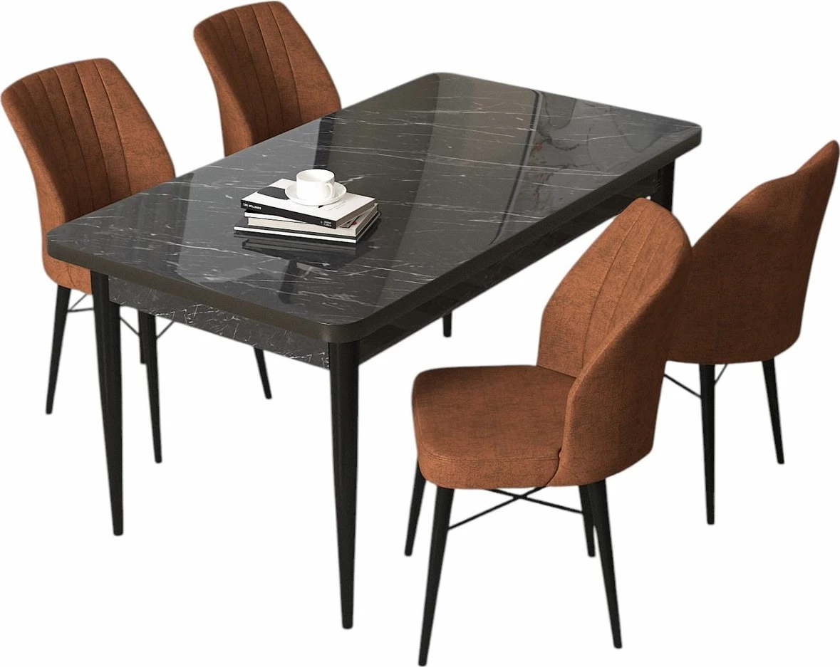Tavolinë me karrige, 5 copë, Skye Decor, sipërfaqe mermeri të zi, karrige ngjyrë të kuqe tile